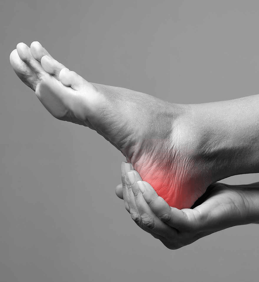 Image of a human foot with the heel lit up red representing heel pain