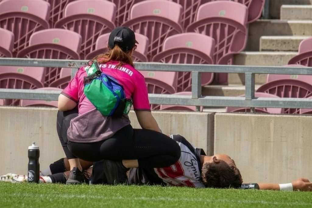 QSMC Exercise Physiologist Monique Taylor providing support at rugby game